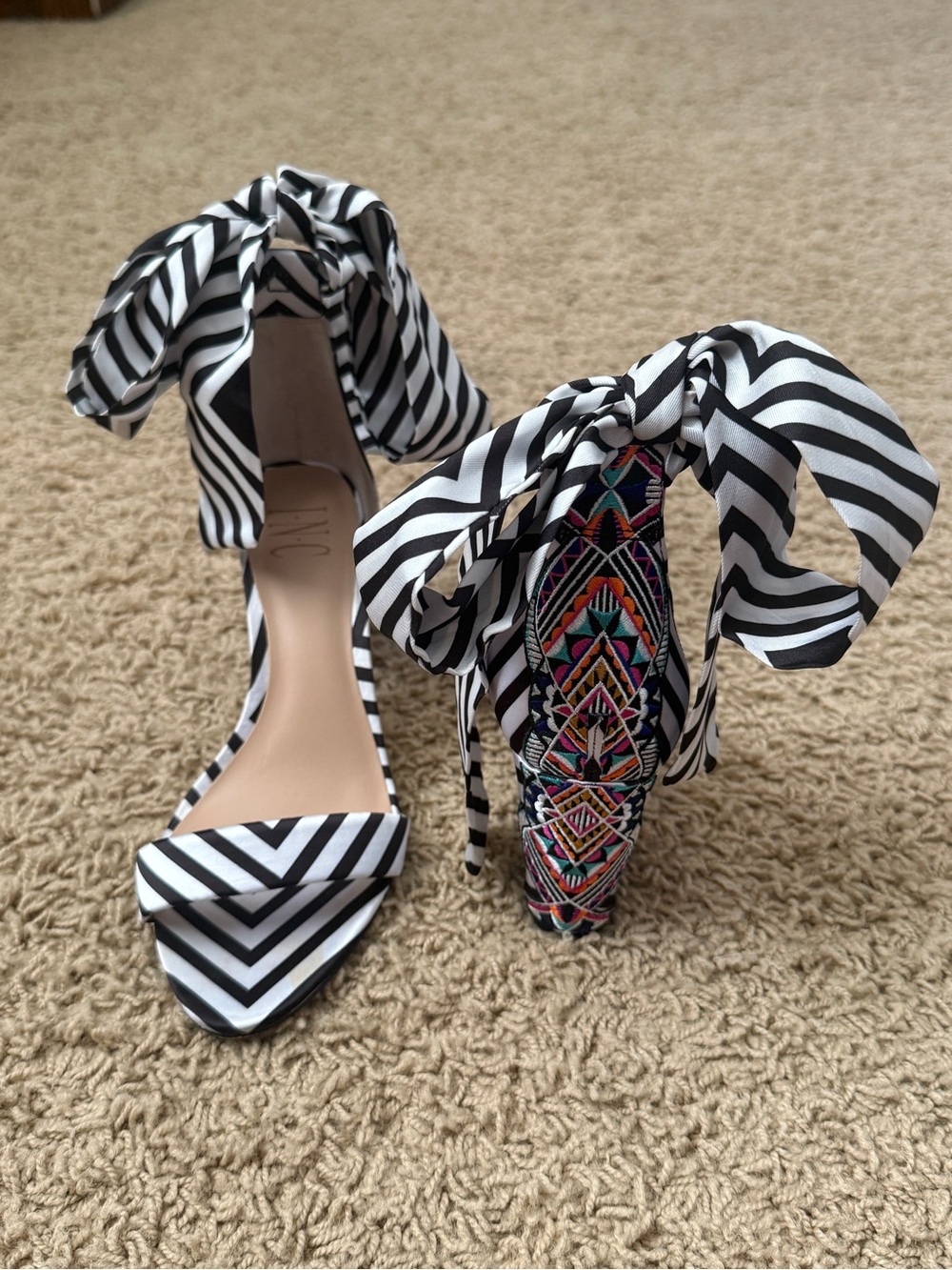 INC International Concept striped Black&White Tie-Ankle Sandals Embellished Heel